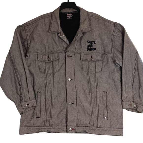 School of Hard Knocks Denim Jacket XXL Charcoal Gray Y2K Street Embroidered - Picture 2 of 9